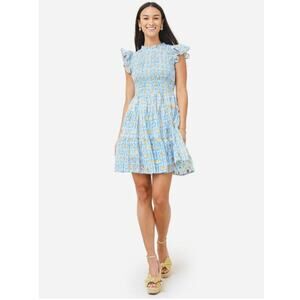 Oliphant Smocked Flirty Short Ruffle Mini Dress Blue Gold Block Print Tuckernuck